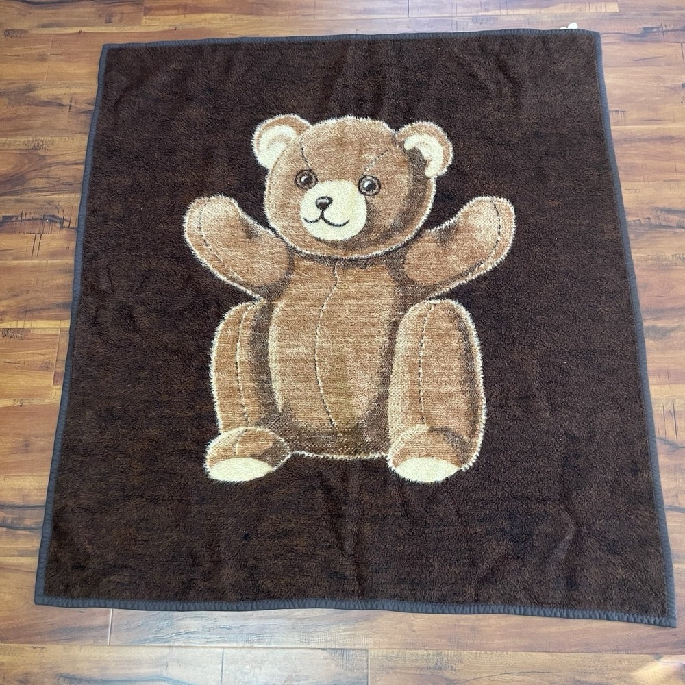Vintage Biederlack Reversible Teddy Bear Throw Blanket 50"x53" West Germany